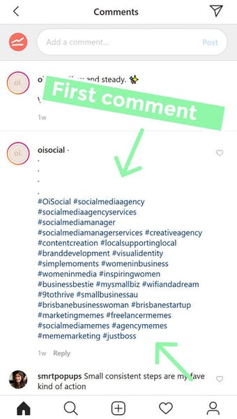 Agrega hashtags como primer comentario en tu publicación.